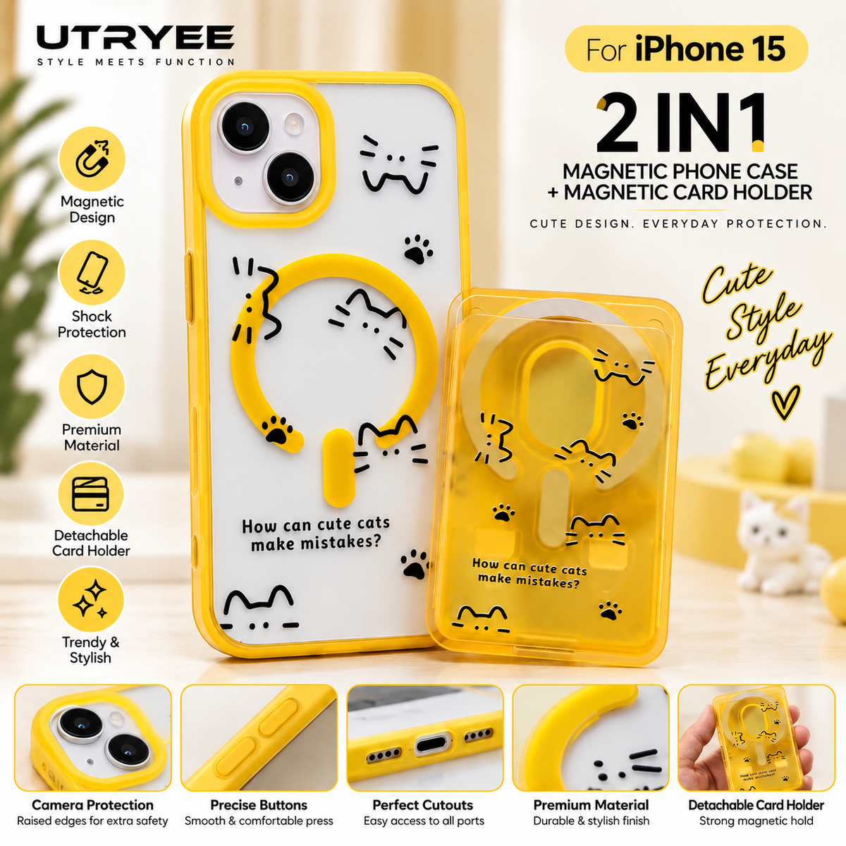 UTRYEE 2-in-1 Magnetic iPhone Case + Detachable Card Holder for iPhone 15