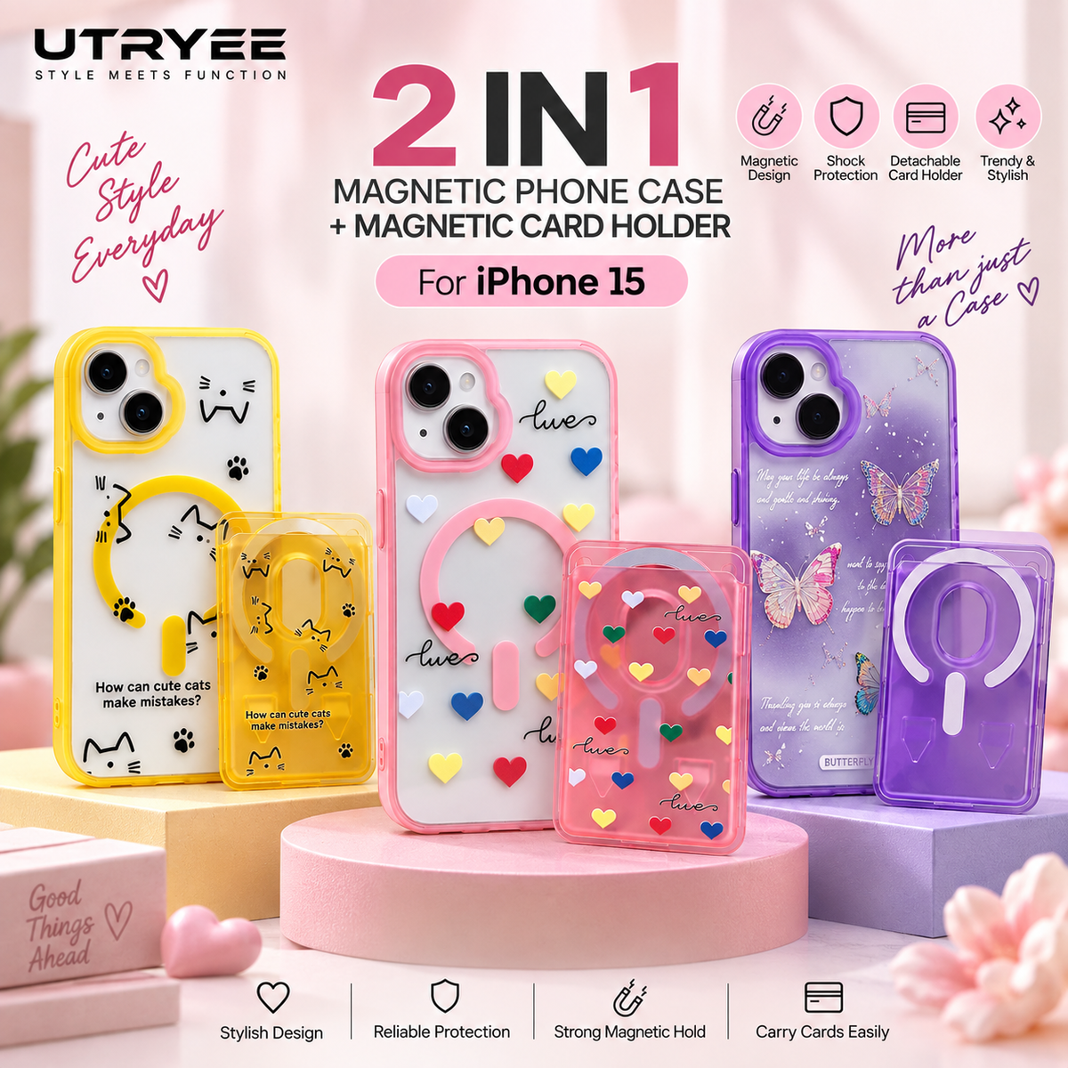 UTRYEE 2-in-1 Magnetic iPhone Case + Detachable Card Holder for iPhone 15