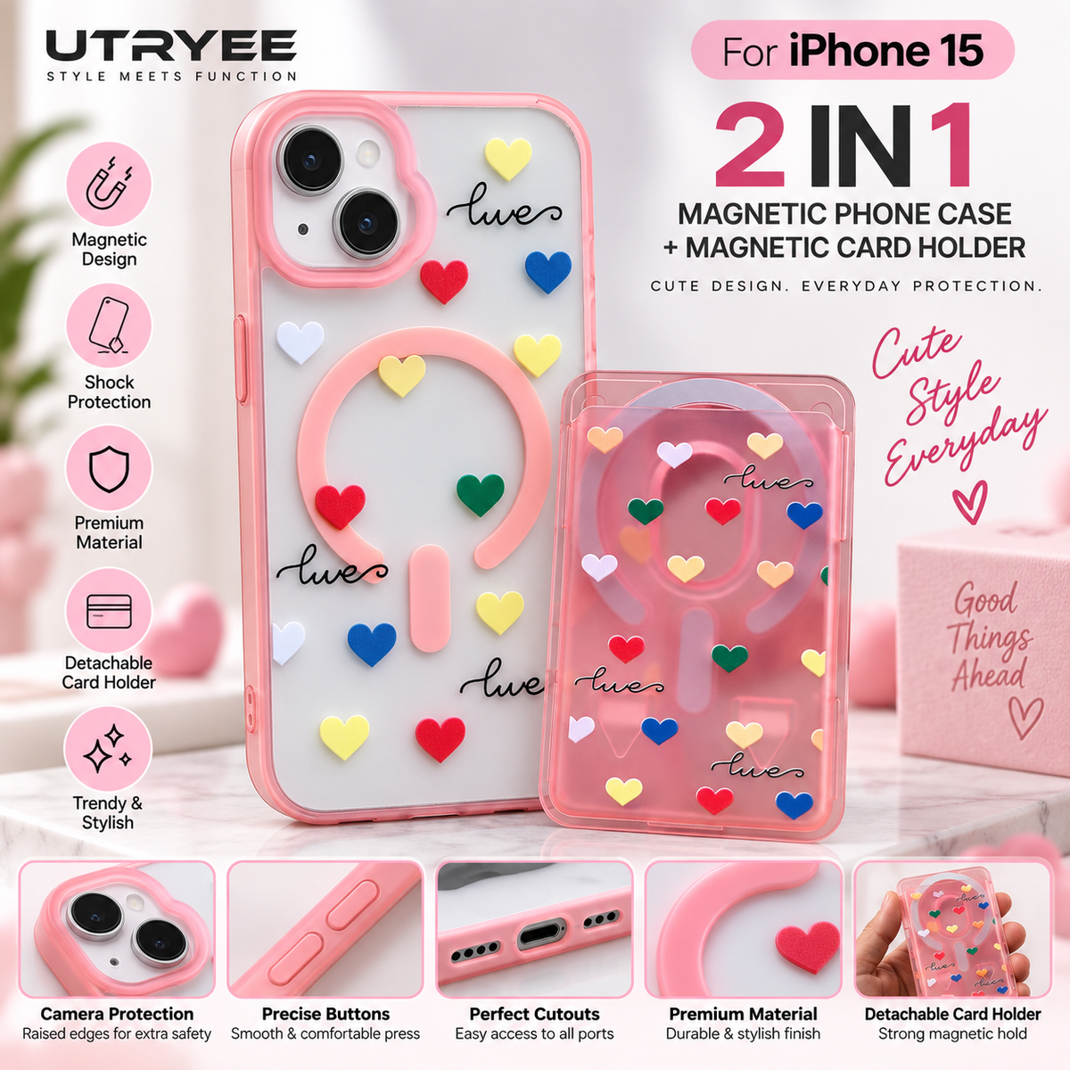 UTRYEE 2-in-1 Magnetic iPhone Case + Detachable Card Holder for iPhone 15