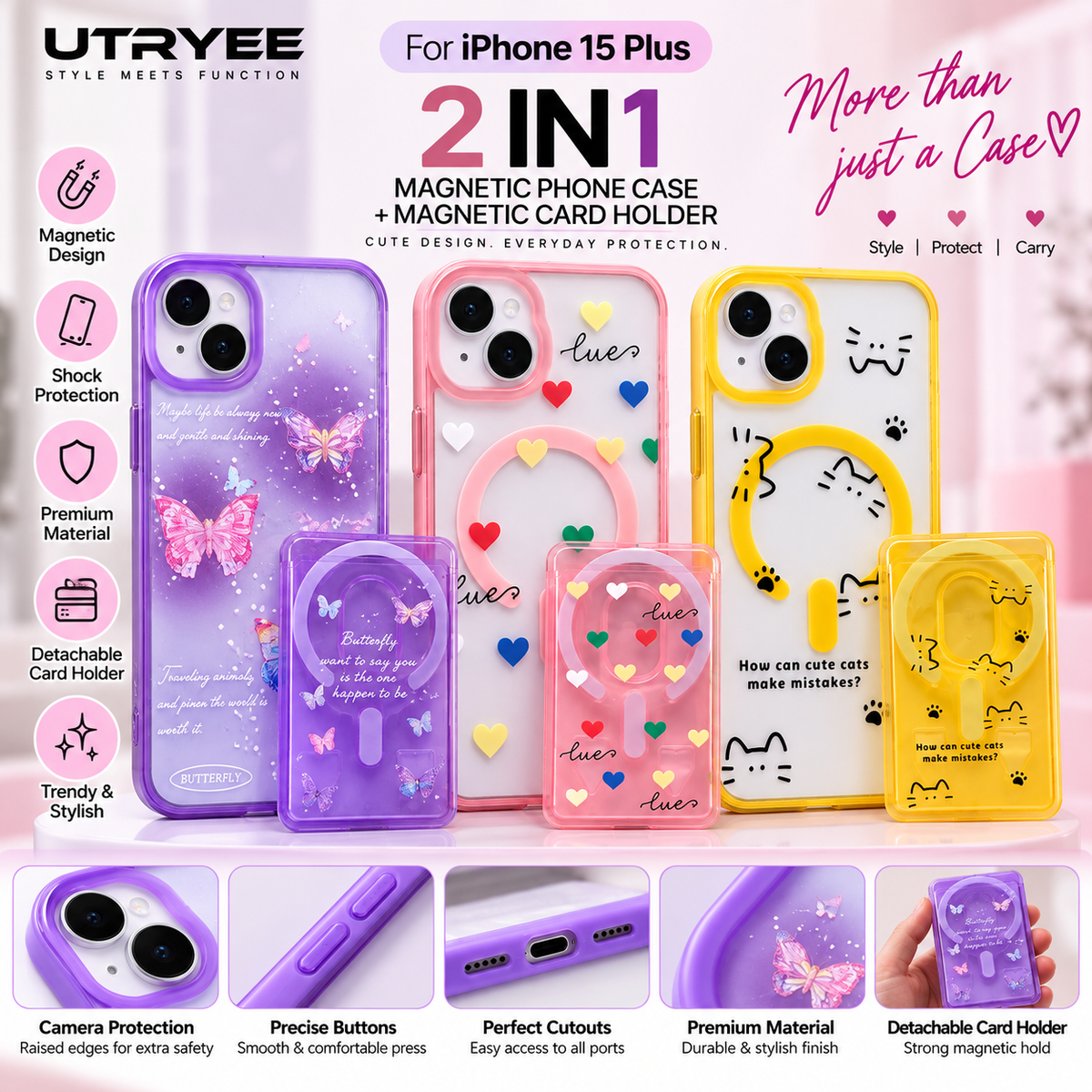 UTRYEE 2-in-1 Magnetic iPhone Case + Detachable Card Holder for iPhone 15 Plus