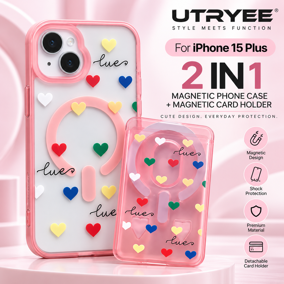 UTRYEE 2-in-1 Magnetic iPhone Case + Detachable Card Holder for iPhone 15 Plus