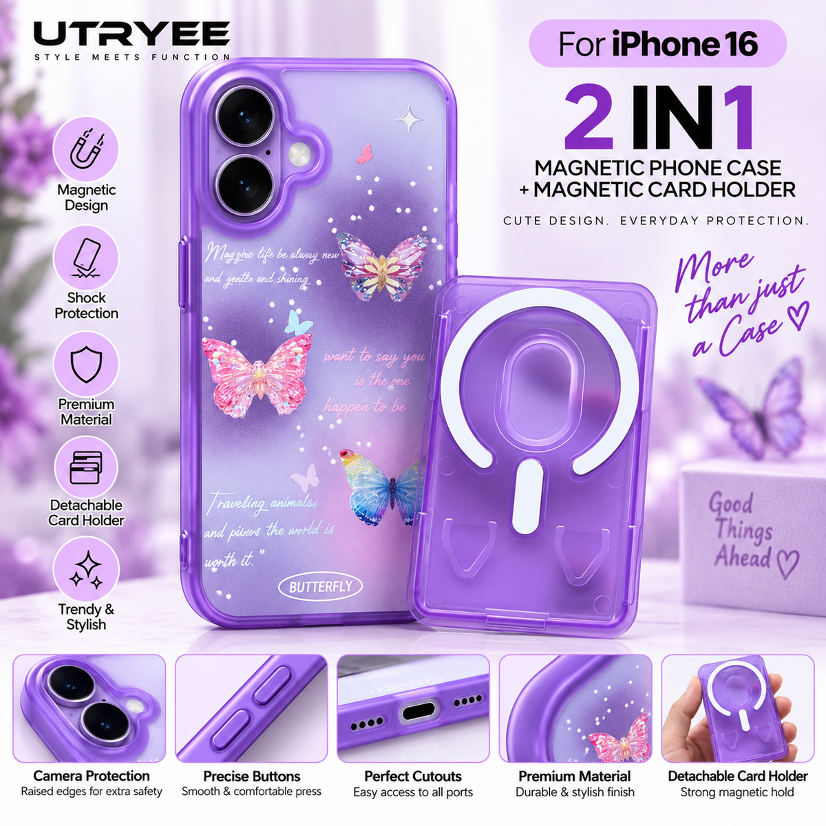 UTRYEE 2-in-1 Magnetic iPhone Case + Detachable Card Holder for iPhone 16