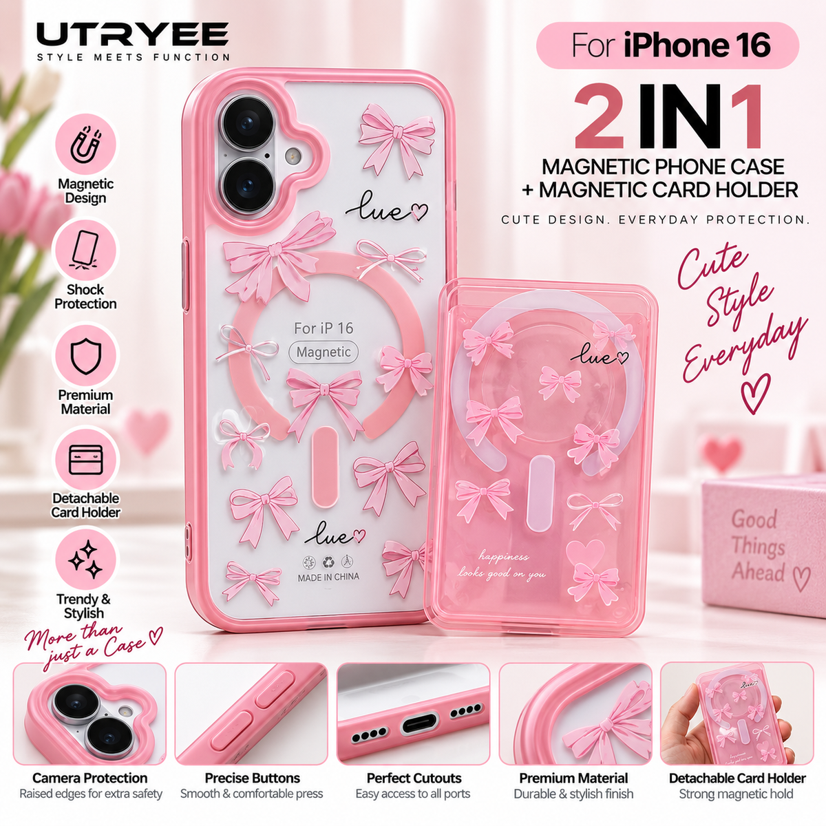 UTRYEE 2-in-1 Magnetic iPhone Case + Detachable Card Holder for iPhone 16