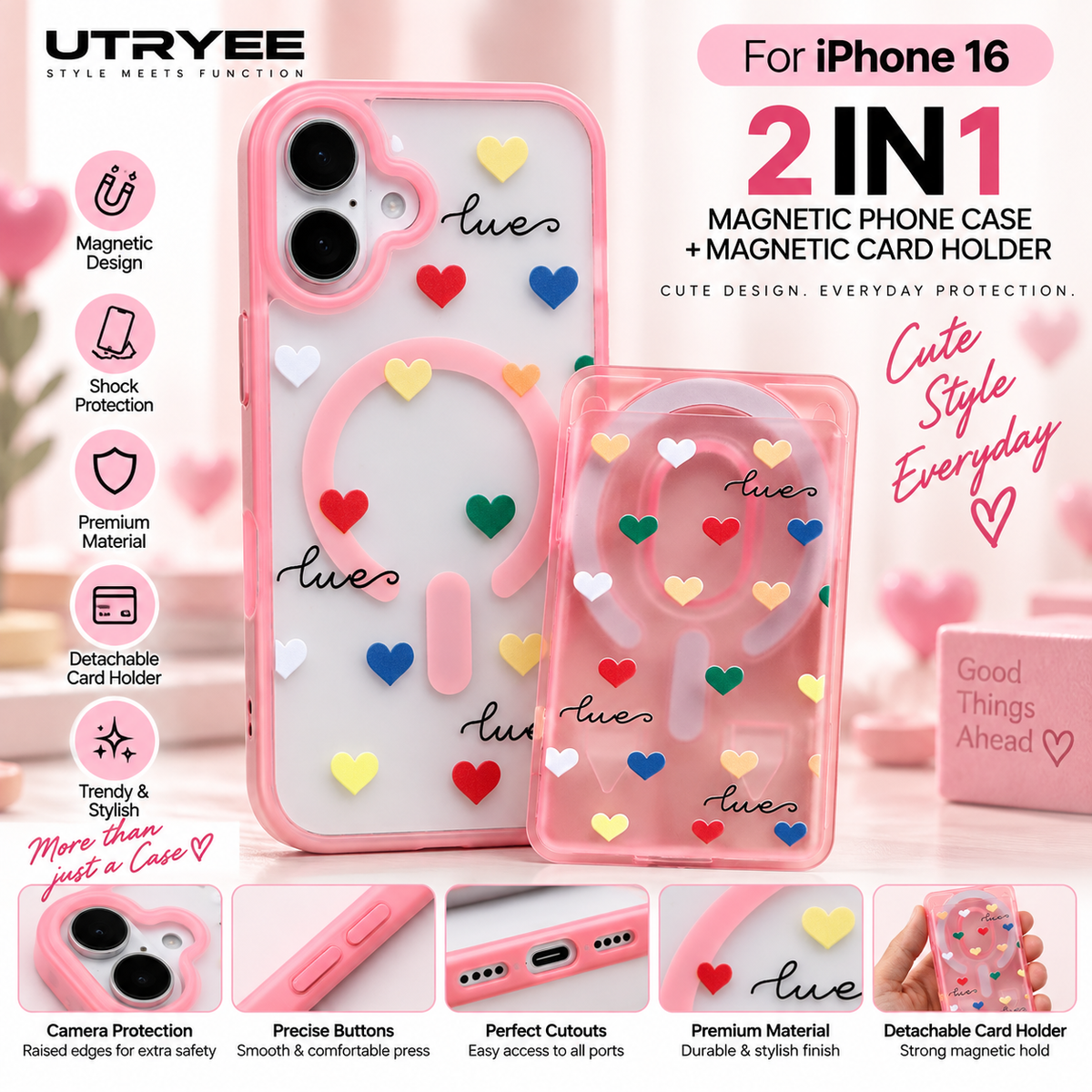 UTRYEE 2-in-1 Magnetic iPhone Case + Detachable Card Holder for iPhone 16