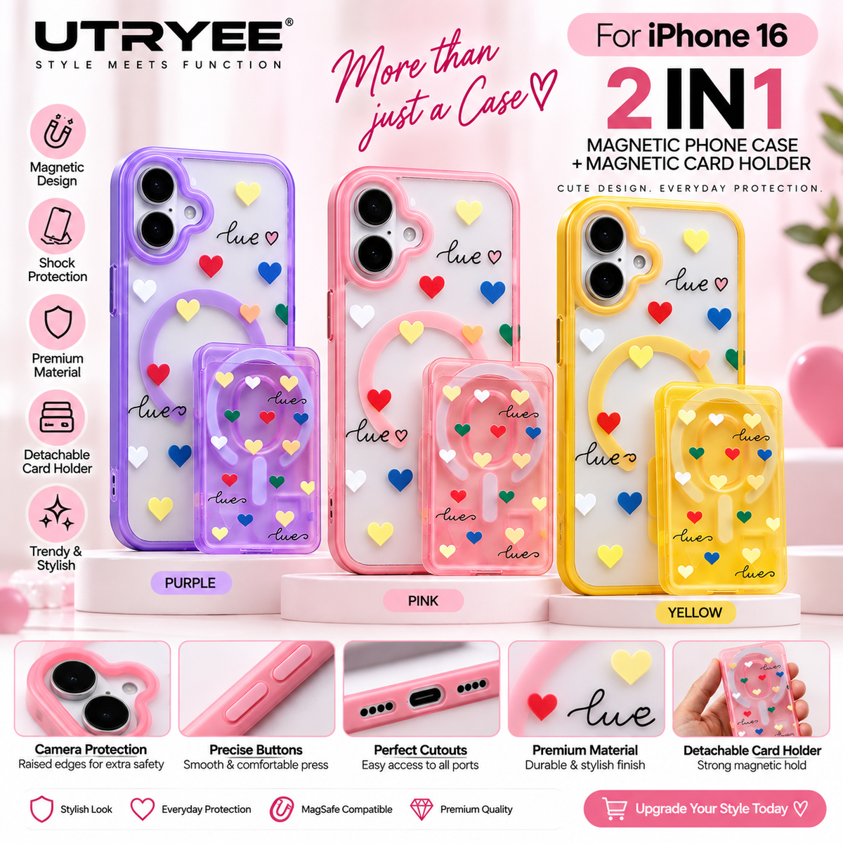 UTRYEE 2-in-1 Magnetic iPhone Case + Detachable Card Holder for iPhone 16