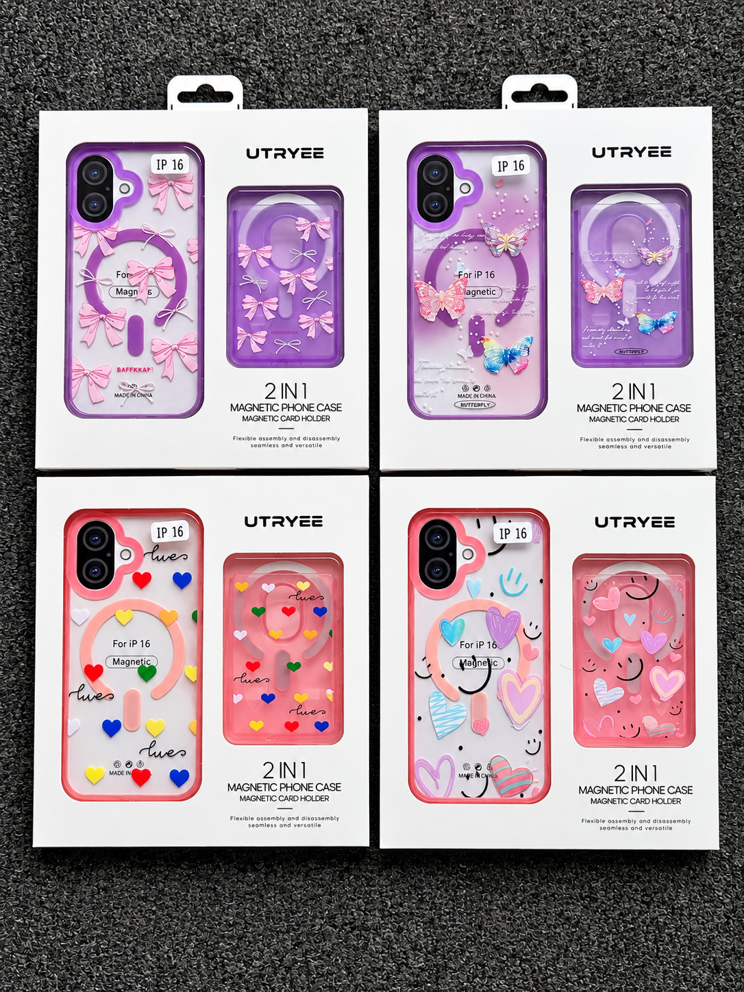Four boxed UTAYEE magnetic phone cases arranged in a 2x2 grid on a dark textured surface. The cases are shown in purple and pink variants with decorative bows, hearts, and cartoon-style graphics visible through the clear window packaging.