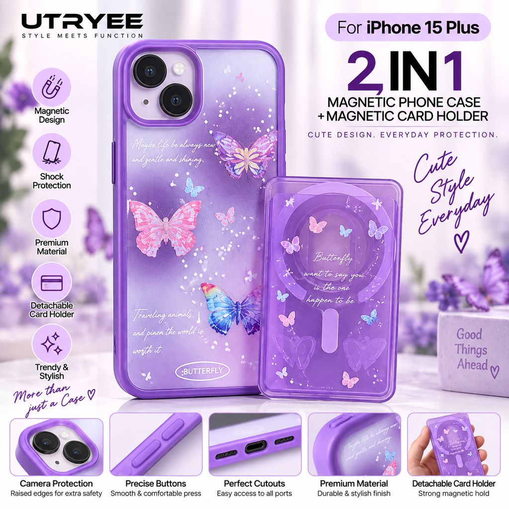 UTRYEE 2-in-1 Magnetic iPhone Case + Detachable Card Holder for iPhone 15 Plus