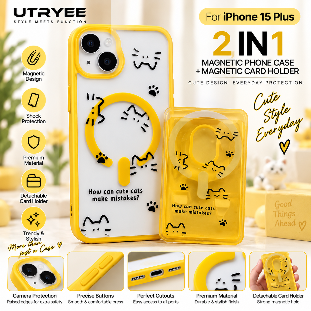 UTRYEE 2-in-1 Magnetic iPhone Case + Detachable Card Holder for iPhone 15 Plus
