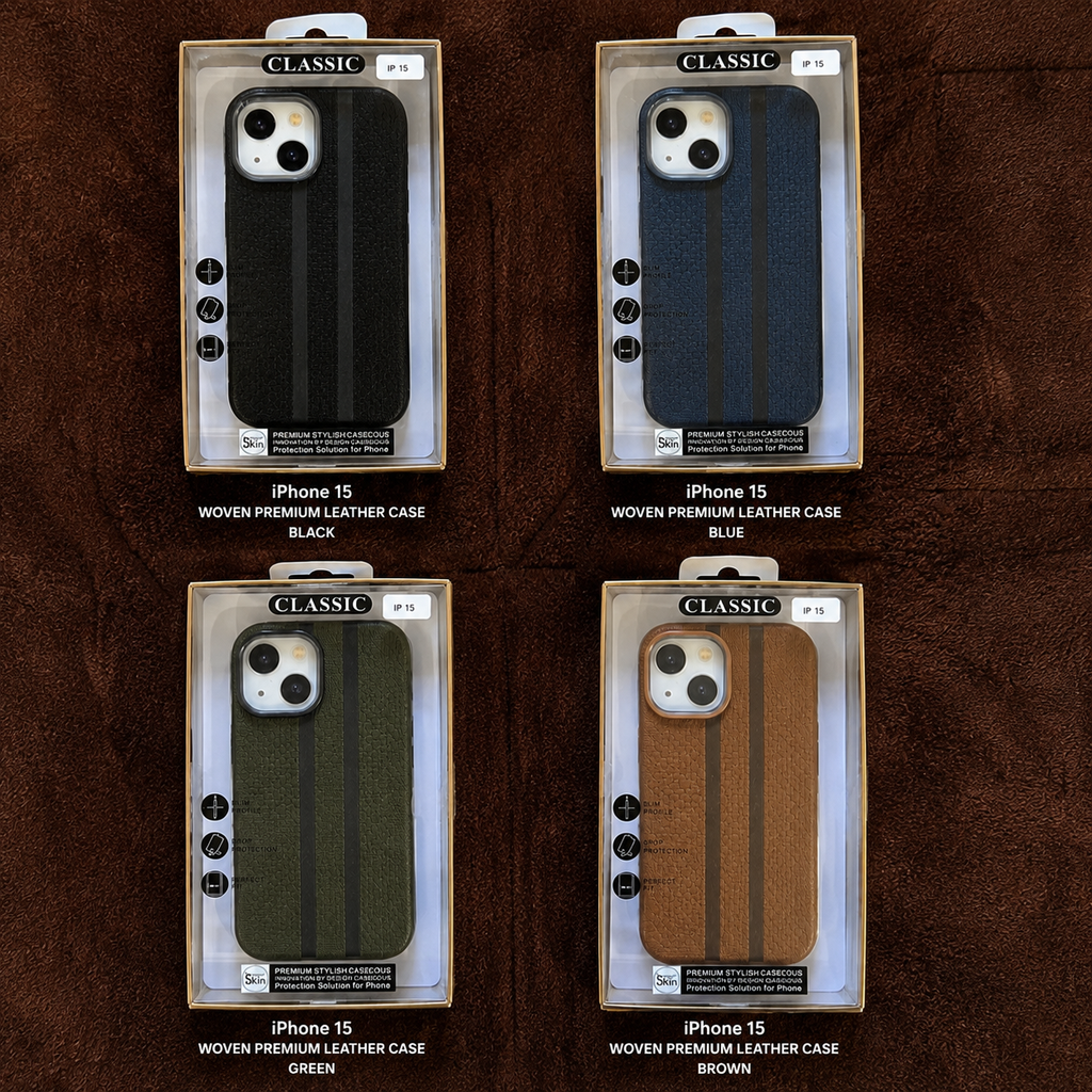 iPhone 15 Woven Texture Premium Leather Case – Stylish & Protective