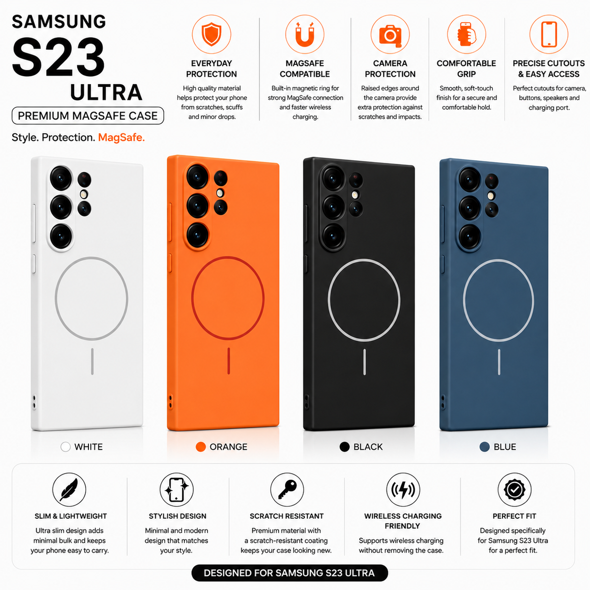 Samsung S23 Ultra premium MagSafe case set shown in white, orange, black, and blue, with feature callouts and a clean white background.