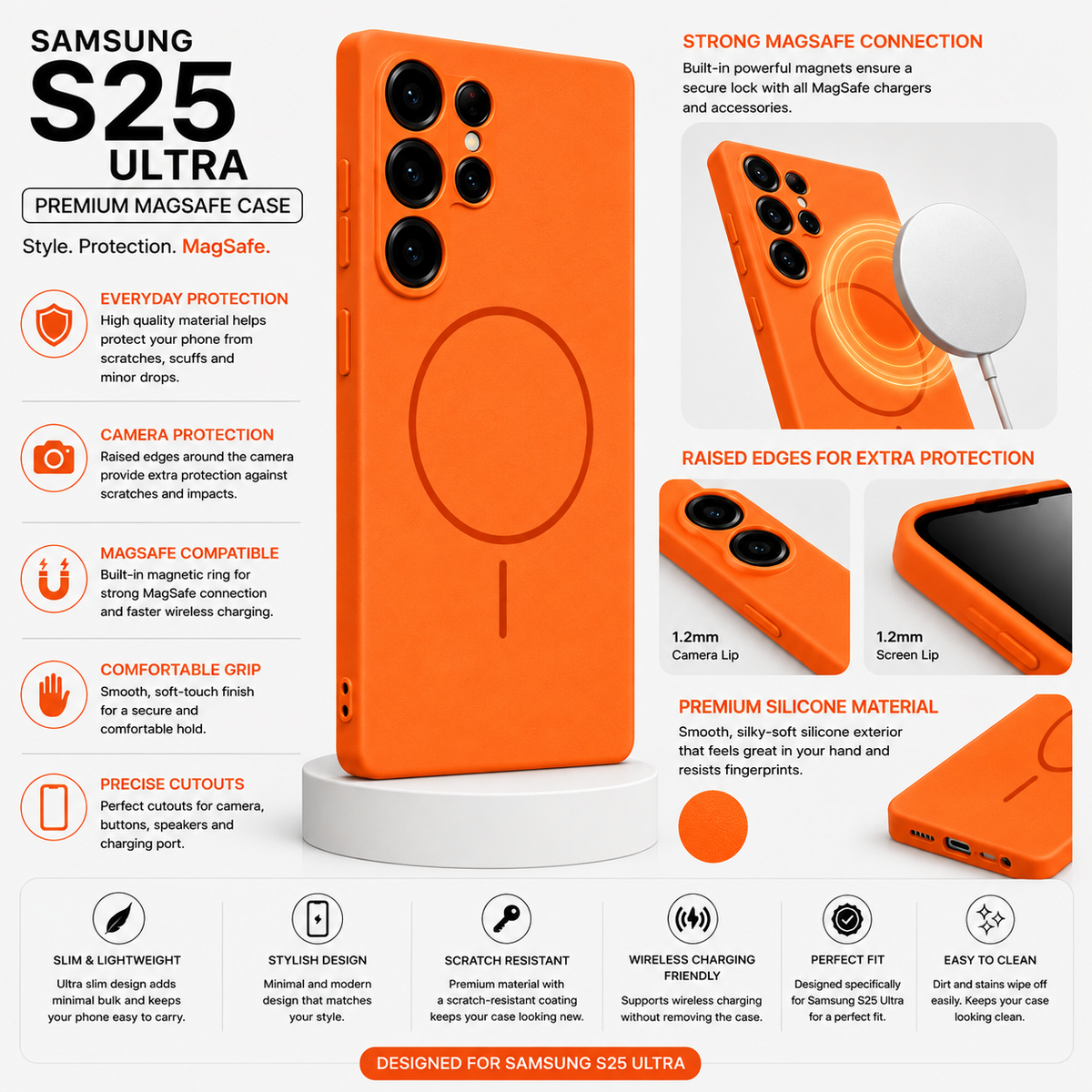 Samsung S25 Ultra MagSafe case in bright orange, shown with a matching orange ring magnet and surrounded by feature callout text on a white background.
