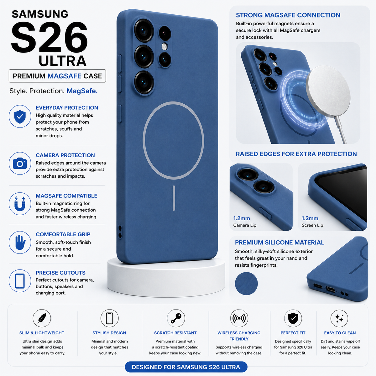 Samsung S26 Ultra premium MagSafe case in light blue, shown on a white background with feature callouts and icons for drop protection, camera protection, magnetic compatibility, comfortable grip, precise cutouts, strong MagSafe connection, raised edges, and premium silicone material.