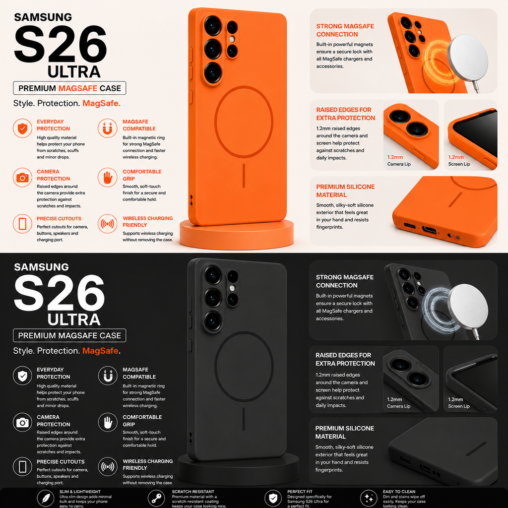 Samsung S26 Ultra premium MagSafe case in bright orange, shown in multiple angles with feature callouts on a black and white infographic background.