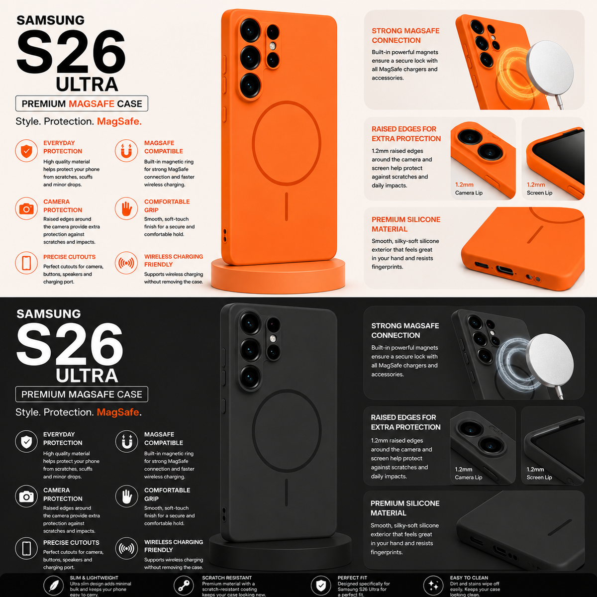 Samsung S26 Ultra premium MagSafe case in bright orange, shown in multiple angles with feature callouts on a black and white infographic background.