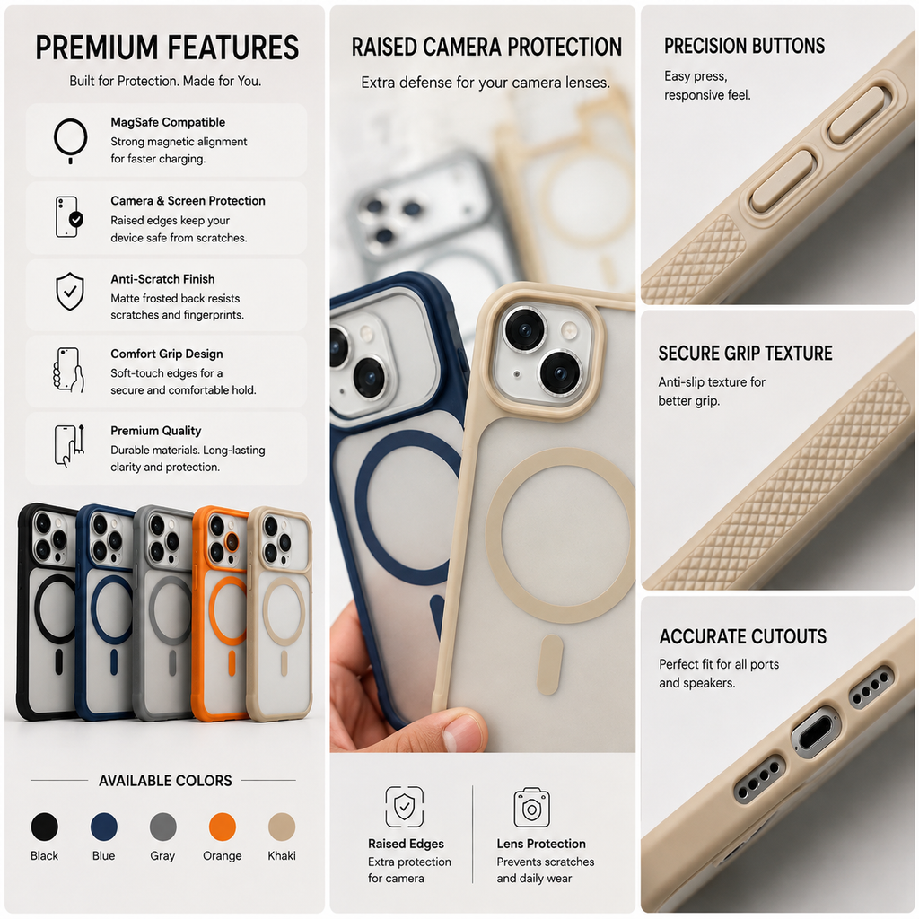 A promotional infographic for a beige MagSafe-compatible phone case, showing a close-up of the case on a phone held by a hand, alongside feature callouts and color options.