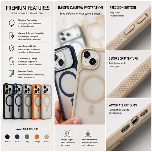 A promotional infographic for a beige MagSafe-compatible phone case, showing a close-up of the case on a phone held by a hand, alongside feature callouts and color options.