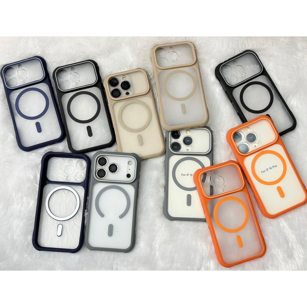 Six MagSafe-compatible phone cases in various colors (navy blue, black, beige, gray, and orange) arranged on a white faux fur background.