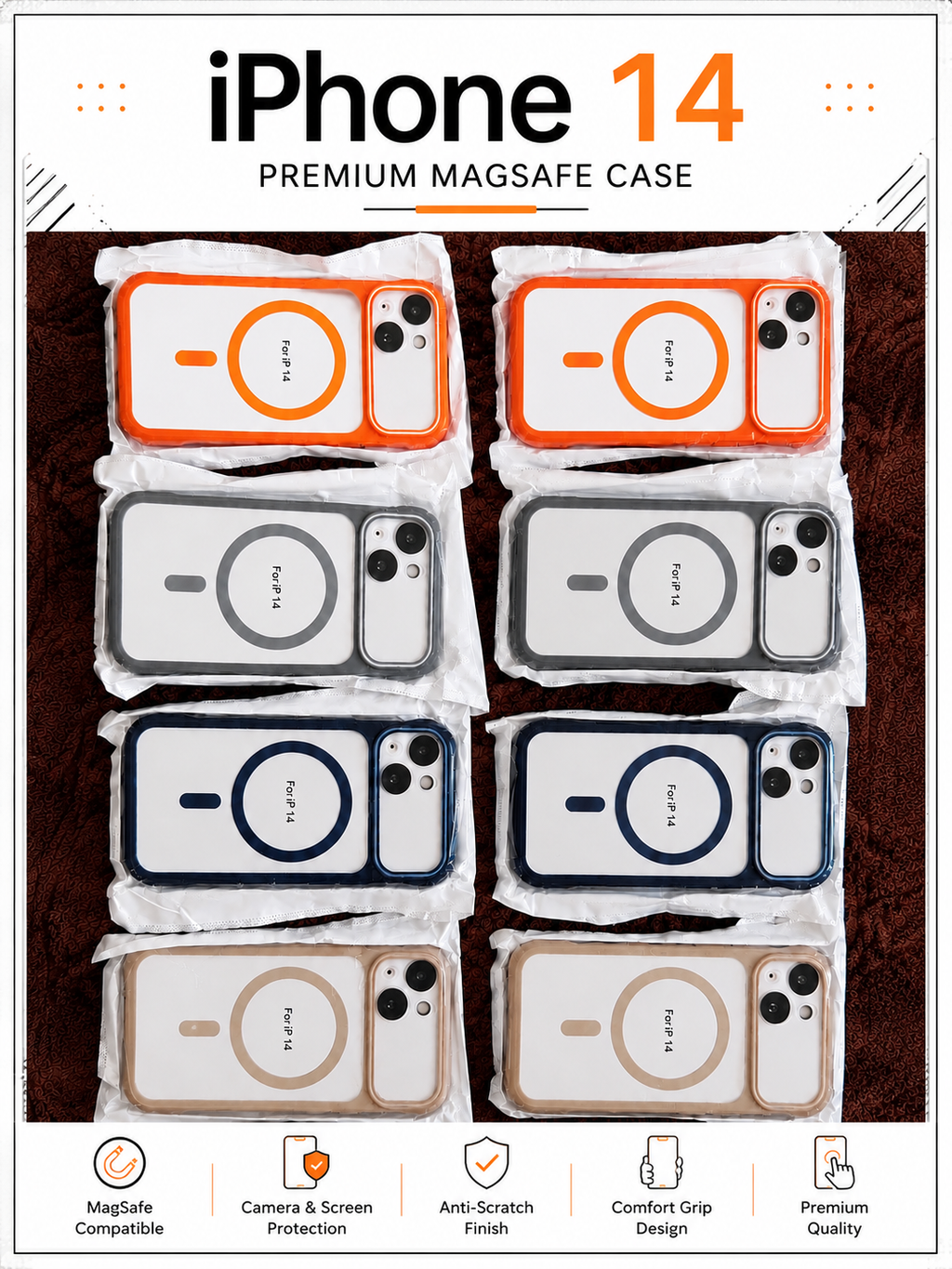 Six MagSafe phone cases for iPhone 14 arranged in a 2x3 grid on a dark brown textured background. The cases come in four color options: orange, gray, navy blue, and beige, each shown in its clear plastic packaging.