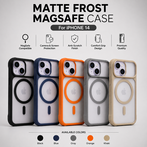 Four matte frosted MagSafe phone cases for iPhone 14 are displayed side-by-side in black, blue, gray, and orange, with a khaki beige version partially visible behind them. The image features marketing text and icons highlighting key features like MagSafe compatibility, camera and screen protection, and anti-scratch finish.
