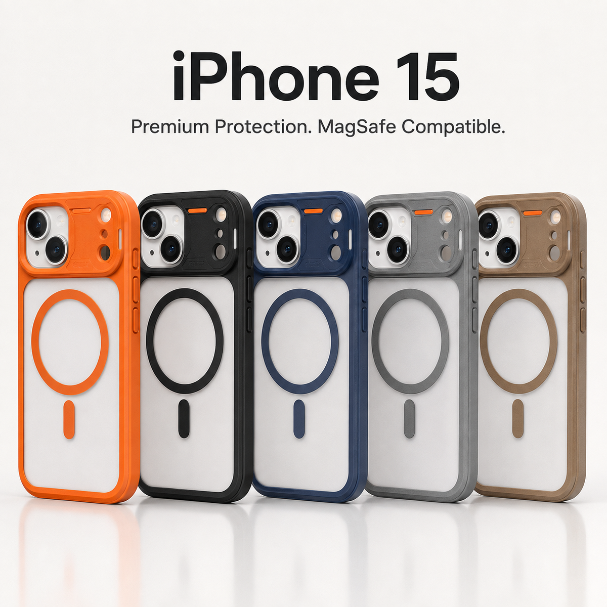Four MagSafe-compatible iPhone 15 cases in orange, black, navy blue, and gray, shown side-by-side on a clean white background with text reading 'iPhone 15 Premium Protection. MagSafe Compatible.