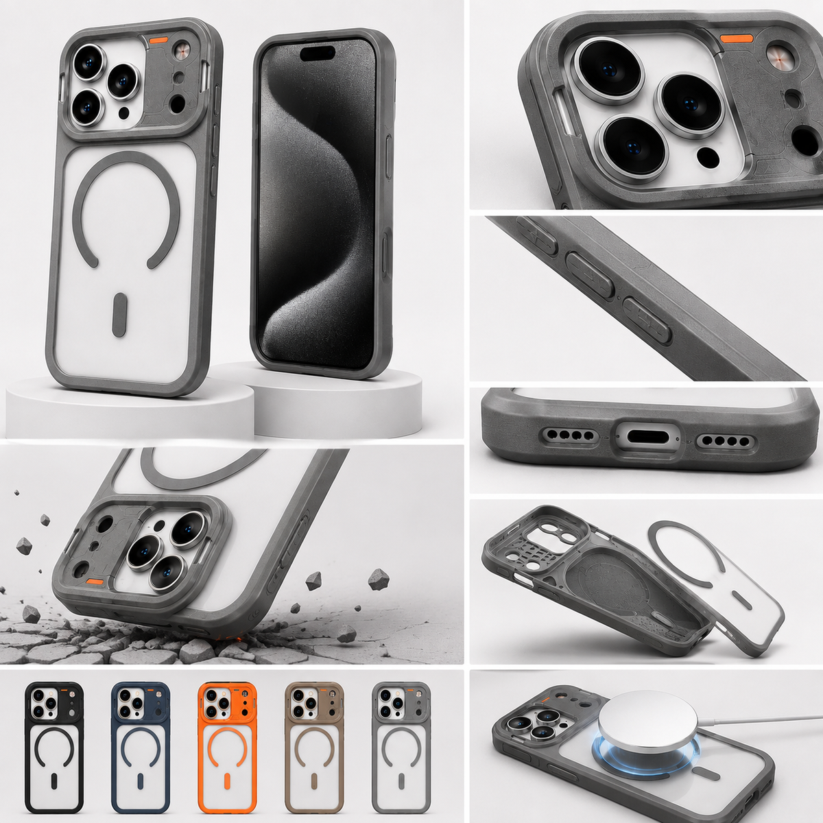 A collage of product photos showing a protective smartphone case from multiple angles, including front, back, side, and close-up views. The case has a dark gray rugged frame with a clear back and a circular MagSafe-compatible ring design.