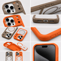 A collage of close-up product photos showing a phone case from multiple angles on a light gray background. The case is shown attached to a phone and also separated, revealing a tan outer frame with a clear inner shell and an orange MagSafe ring.