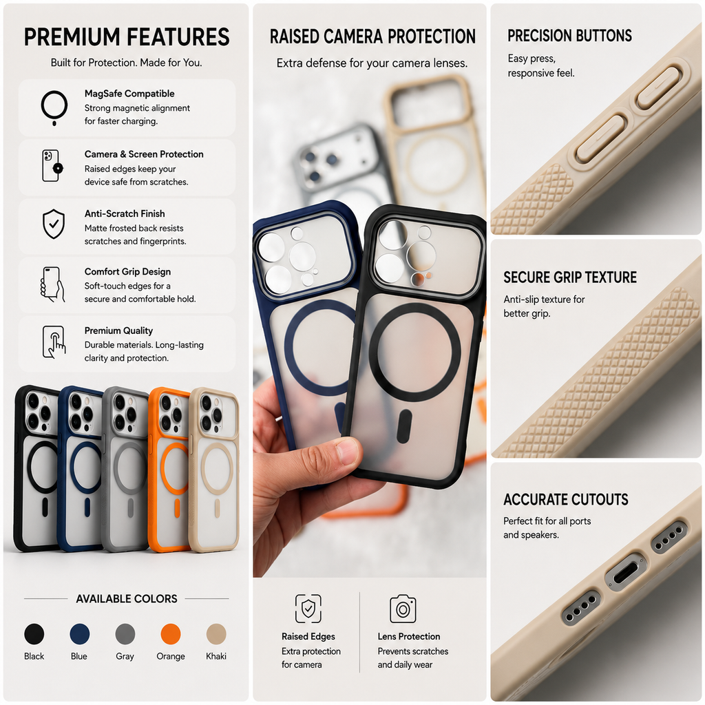 A promotional infographic for a phone case, showing a hand holding a phone in a raised camera case. The layout includes feature callouts such as raised camera protection, precision buttons, secure grip texture, and accurate cutouts, alongside a color palette showing available colors: black, blue, gray, orange, and khaki.