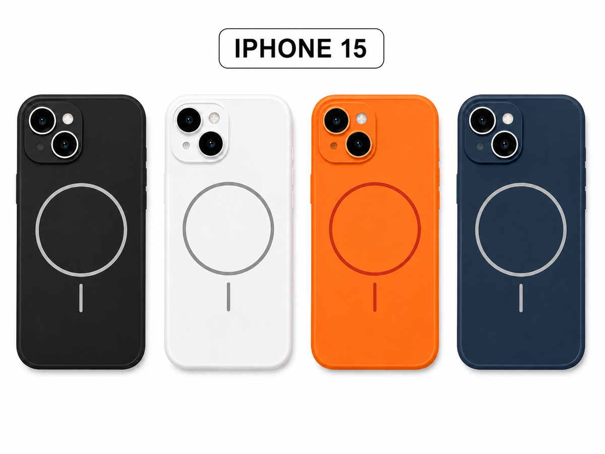 Four MagSafe-compatible iPhone 15 cases in black, white, orange, and navy blue, arranged horizontally on a white background with an 'IPHONE 15' label at the top.