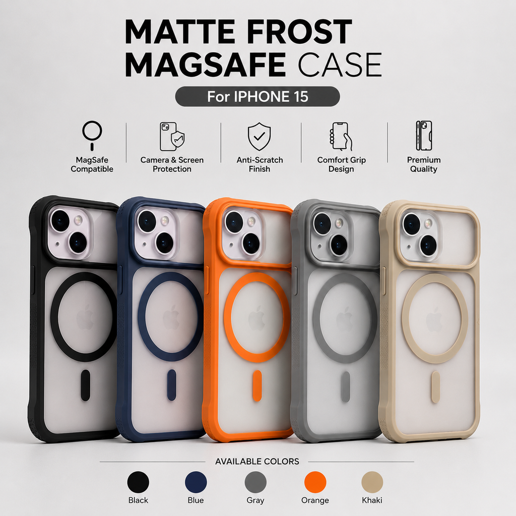 Five matte frosted MagSafe phone cases for iPhone 15 are displayed in different colors: black, navy blue, orange, gray, and khaki. The image features marketing text and icons highlighting key features like MagSafe compatibility, camera and screen protection, anti-scratch finish, comfort grip design, and premium quality.