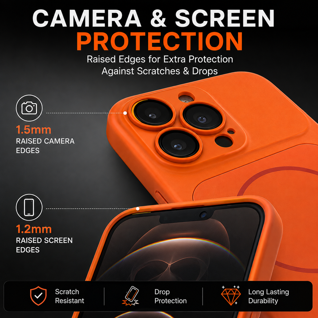 An orange protective phone case shown on a smartphone against a dark background, with marketing text highlighting raised camera and screen edges and features like scratch resistance and drop protection.