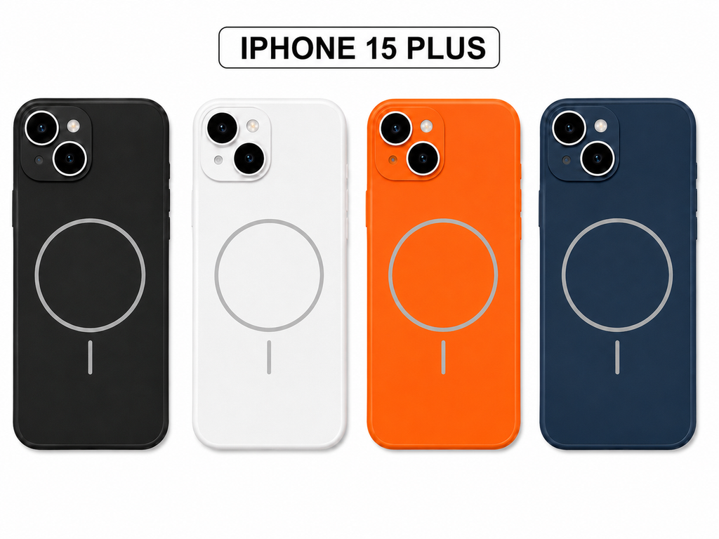 Four MagSafe-compatible phone cases for iPhone 15 Plus shown in black, white, orange, and navy blue, arranged in a row against a white background with an 'IPHONE 15 PLUS' label at the top.