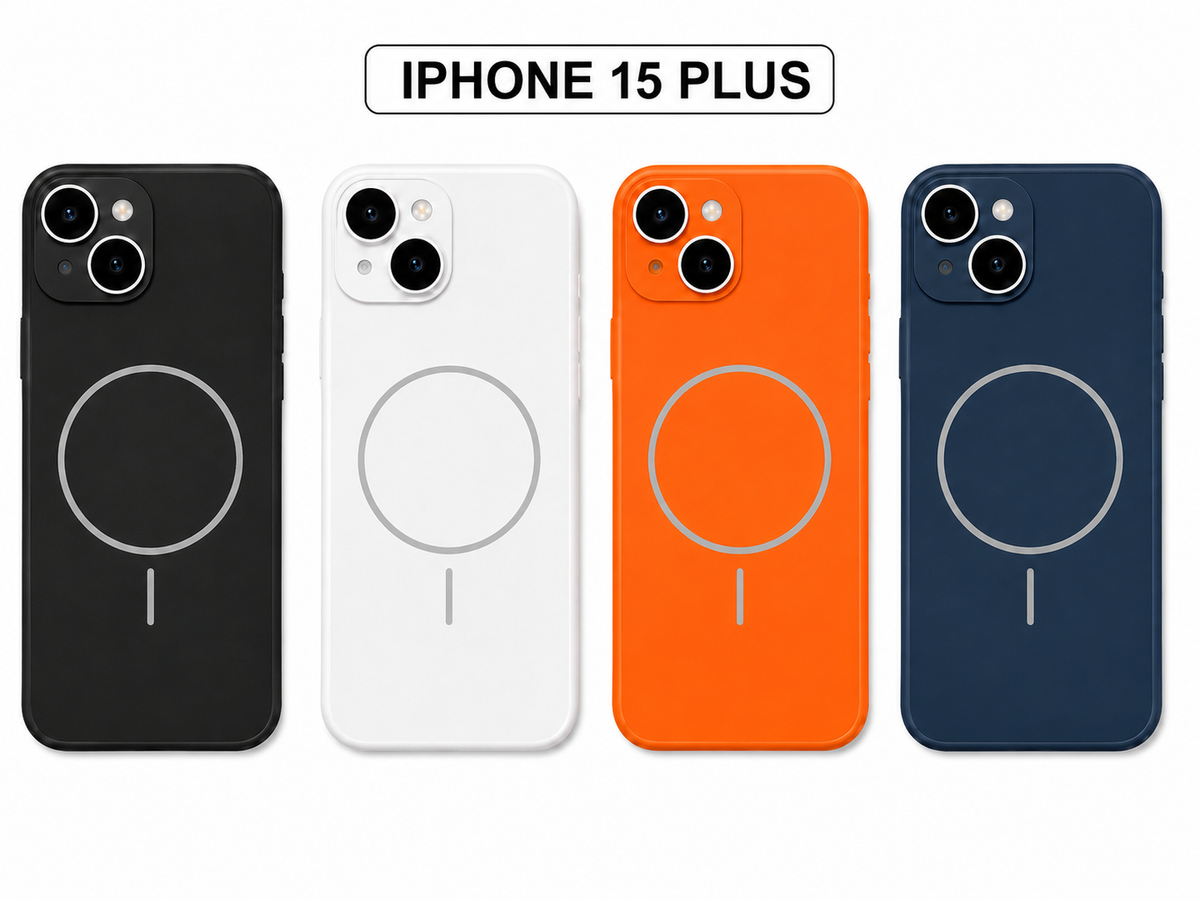 Four MagSafe-compatible phone cases for iPhone 15 Plus shown in black, white, orange, and navy blue, arranged in a row against a white background with an 'IPHONE 15 PLUS' label at the top.