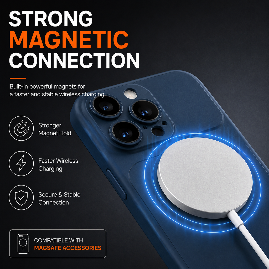 A dark blue smartphone case with a MagSafe-compatible white circular magnetic ring shown on the back, with glowing blue charging effect rings and text reading 'STRONG MAGNETIC CONNECTION' and 'Compatible with MagSafe accessories.'.