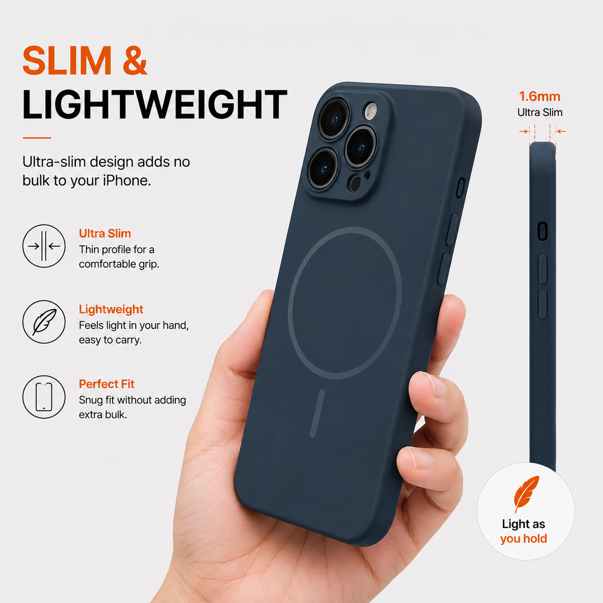 A dark blue phone case shown being held in a hand, with marketing text on the left and a side profile diagram on the right highlighting its slim 1.6mm thickness.