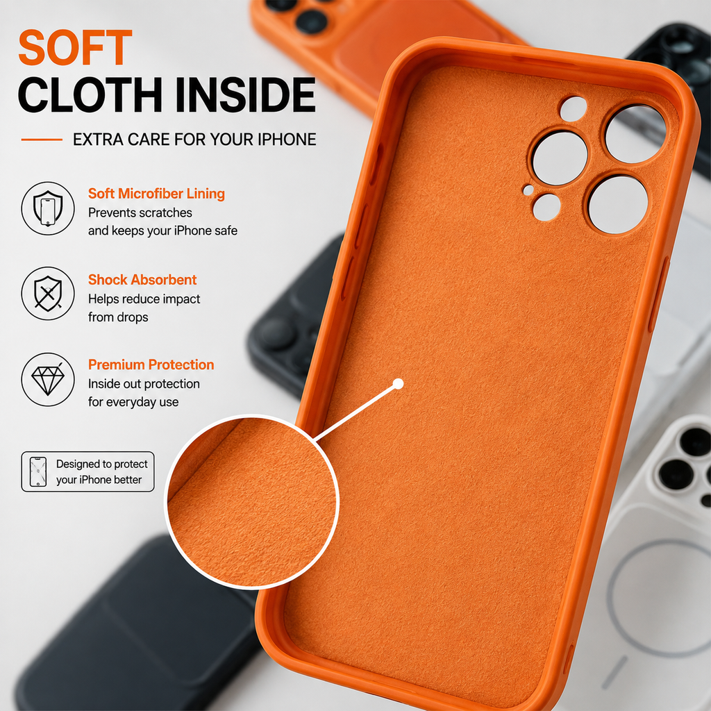 An orange phone case with a soft, textured microfiber lining, shown on a white background with promotional text highlighting its protective and comfortable features.