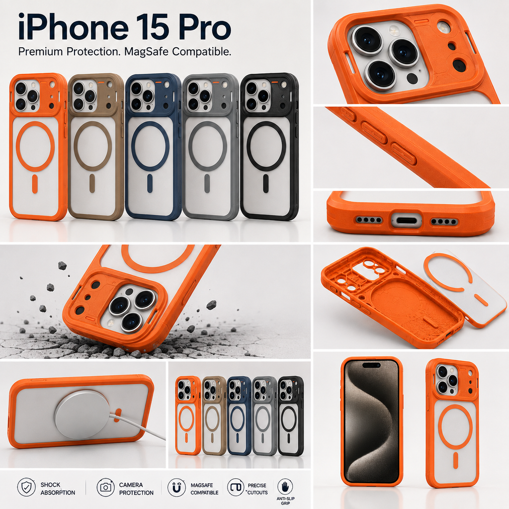 Orange MagSafe-compatible iPhone 15 Pro case shown in multiple views and color options on a clean white background, with text highlighting premium protection and compatibility.