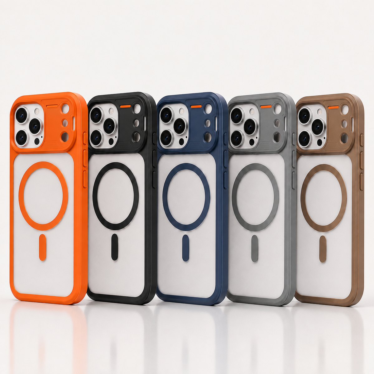 Five protective phone cases in orange, black, navy, gray, and brown, arranged in a row on a reflective white surface against a light gray background.