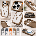 A collage of product photos showing a rugged phone case from multiple angles, including a front view, close-up of the camera cutout, side profile, back design with MagSafe ring, and a charging demonstration. The case has a warm brown frame and a white back panel.