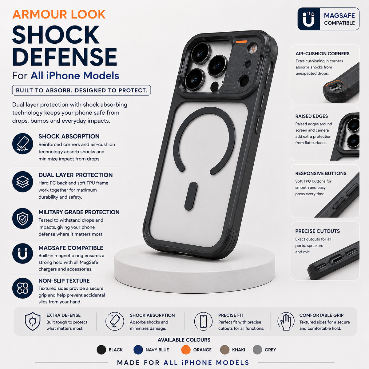 An infographic detailing the features of a black Armour Look Shock Defense phone protector case for iPhone models, showing a 3D render of the case and multiple text callouts explaining its shock absorption, dual layer protection, and MagSafe compatibility.