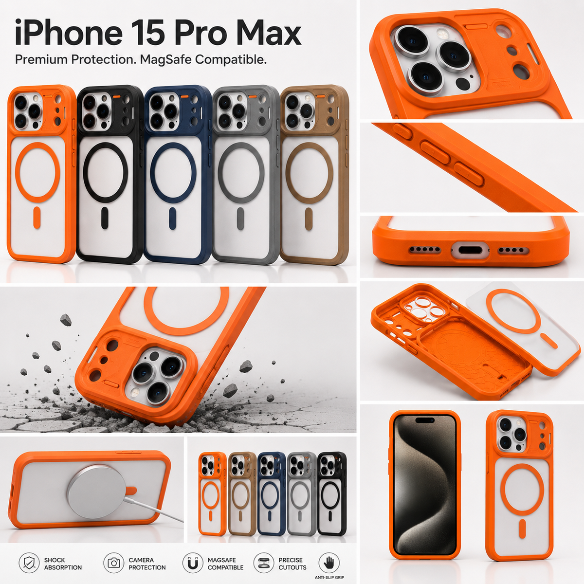 Orange MagSafe-compatible protective case shown in multiple views and color options for an iPhone 15 Pro Max, with text highlighting premium protection and MagSafe compatibility.