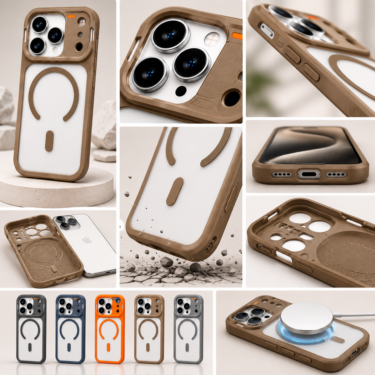 A collage of product photos showing a rugged phone case from multiple angles, including a front view, close-up of the camera cutout, side profile, back design with MagSafe ring, and a charging demonstration. The case has a warm brown frame and a white back panel.