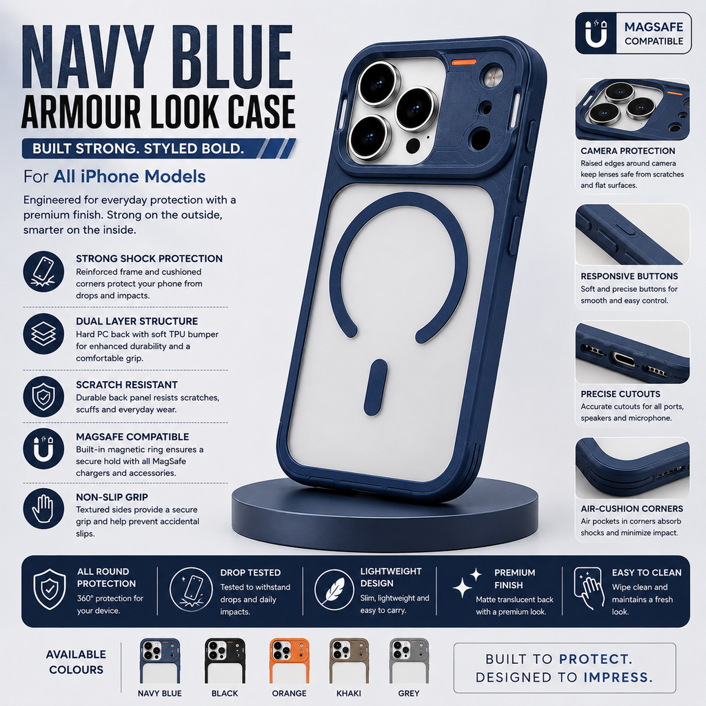 A navy blue protective phone case with a built-in multi-grip strap, shown on a white background with promotional text and feature callouts.