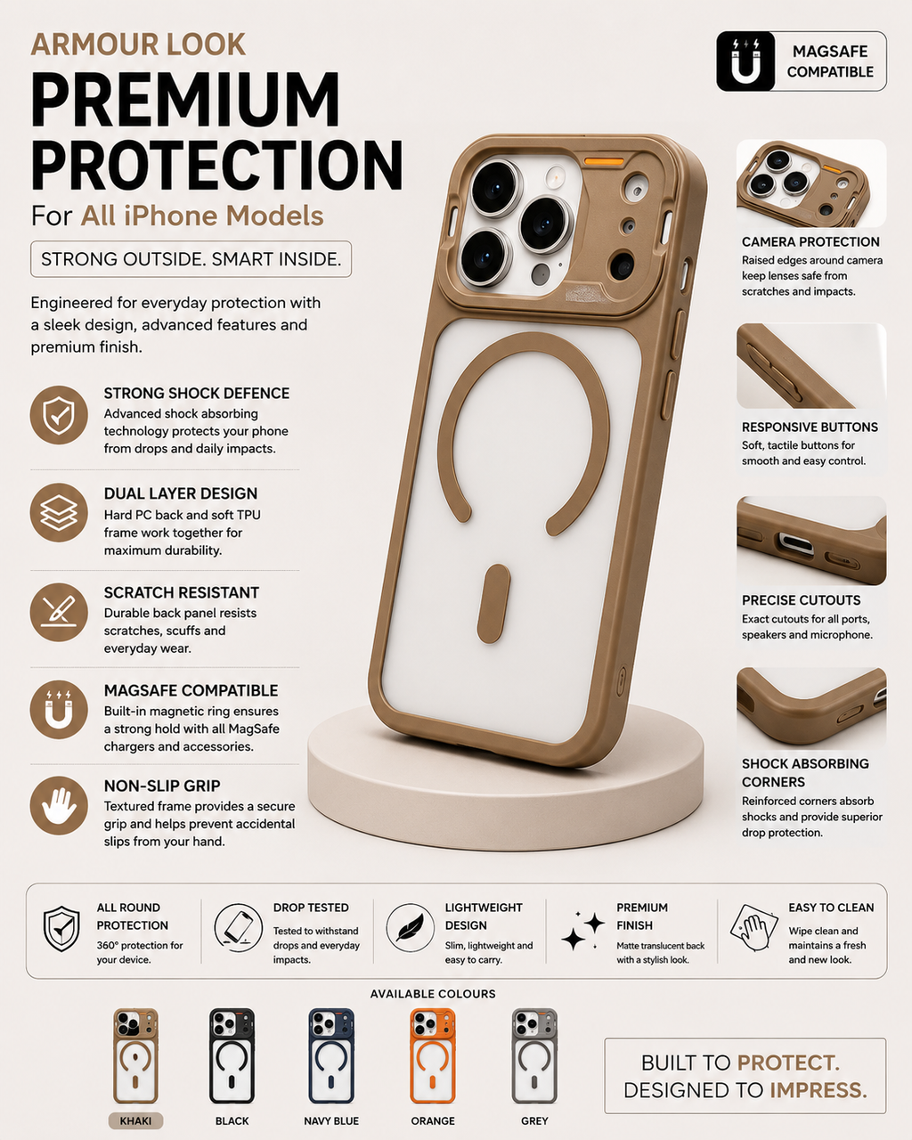 A promotional infographic for a MagSafe-compatible phone case, showing a beige protective case on a smartphone. The image features a large text header 'ARMOUR LOOK PREMIUM PROTECTION' and lists multiple feature icons and descriptions such as 'STRONG SHOCK DEFENCE', 'DUAL LAYER DESIGN', and 'MAGSAFE COMPATIBLE'.