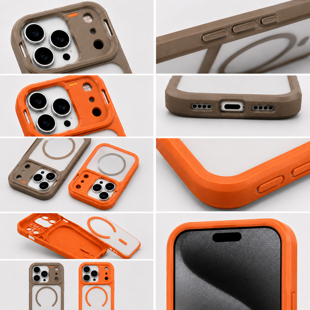 A collage of close-up product photos showing a phone case from multiple angles on a light gray background. The case is shown attached to a phone and also separated, revealing a tan outer frame with a clear inner shell and an orange MagSafe ring.