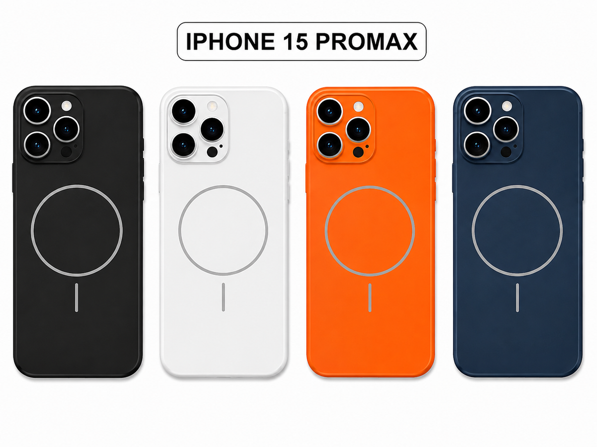 Four MagSafe-compatible phone cases shown on iPhone 15 Pro Max models, in black, white, orange, and navy blue, with a text header reading 'IPHONE 15 PROMAX' on a white background.