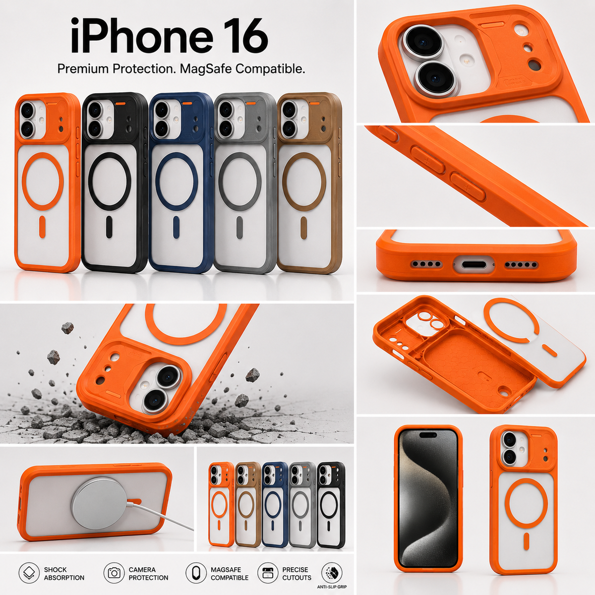 Orange MagSafe-compatible phone case shown in multiple views and color options on a white collage background, with text reading iPhone 16 Premium Protection. The collage includes front/back views, side profile, MagSafe ring compatibility, and small feature icons.