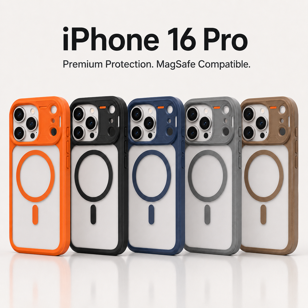 Five MagSafe-compatible iPhone 16 Pro cases in orange, black, navy, gray, and brown are lined up on a light beige background with text reading 'iPhone 16 Pro' and 'Premium Protection. MagSafe Compatible.