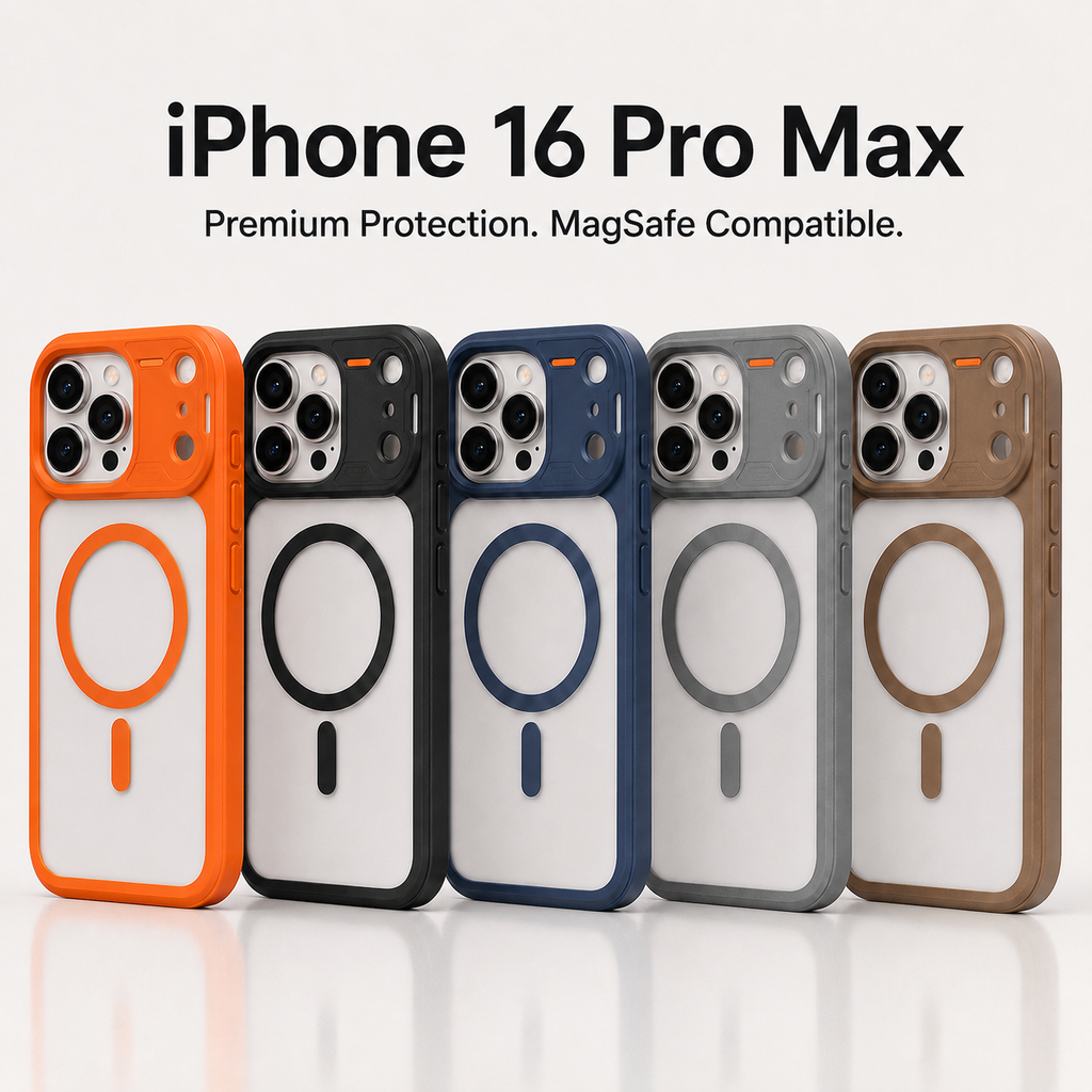 Five MagSafe-compatible iPhone 16 Pro Max phone cases in orange, black, navy, gray, and brown, lined up on a light beige background with text reading 'iPhone 16 Pro Max Premium Protection. MagSafe Compatible.