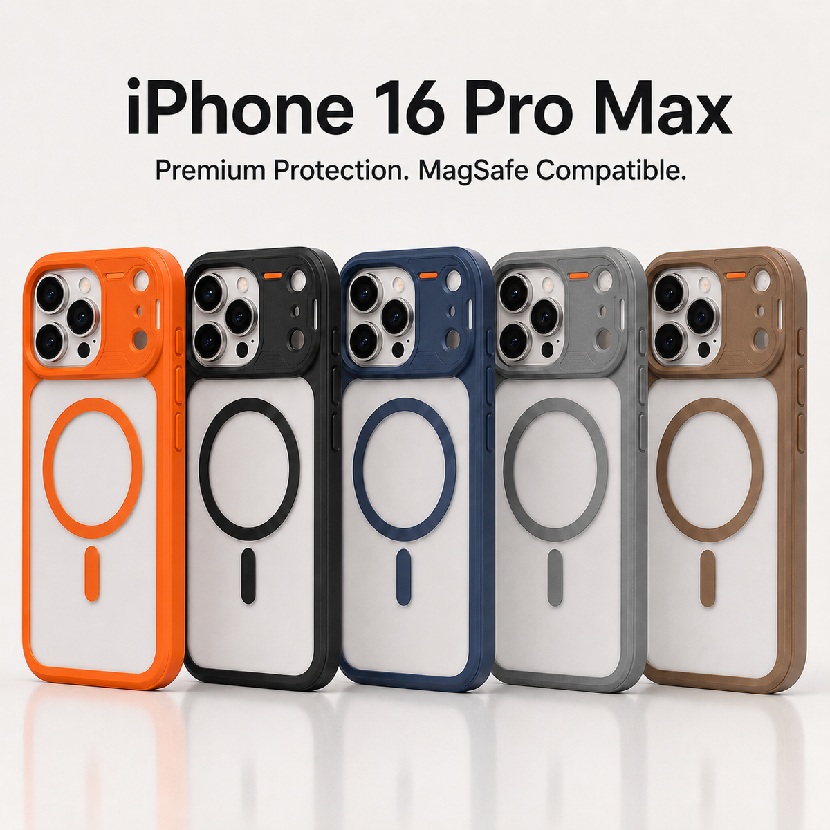 Five MagSafe-compatible iPhone 16 Pro Max phone cases in orange, black, navy, gray, and brown, lined up on a light beige background with text reading 'iPhone 16 Pro Max Premium Protection. MagSafe Compatible.