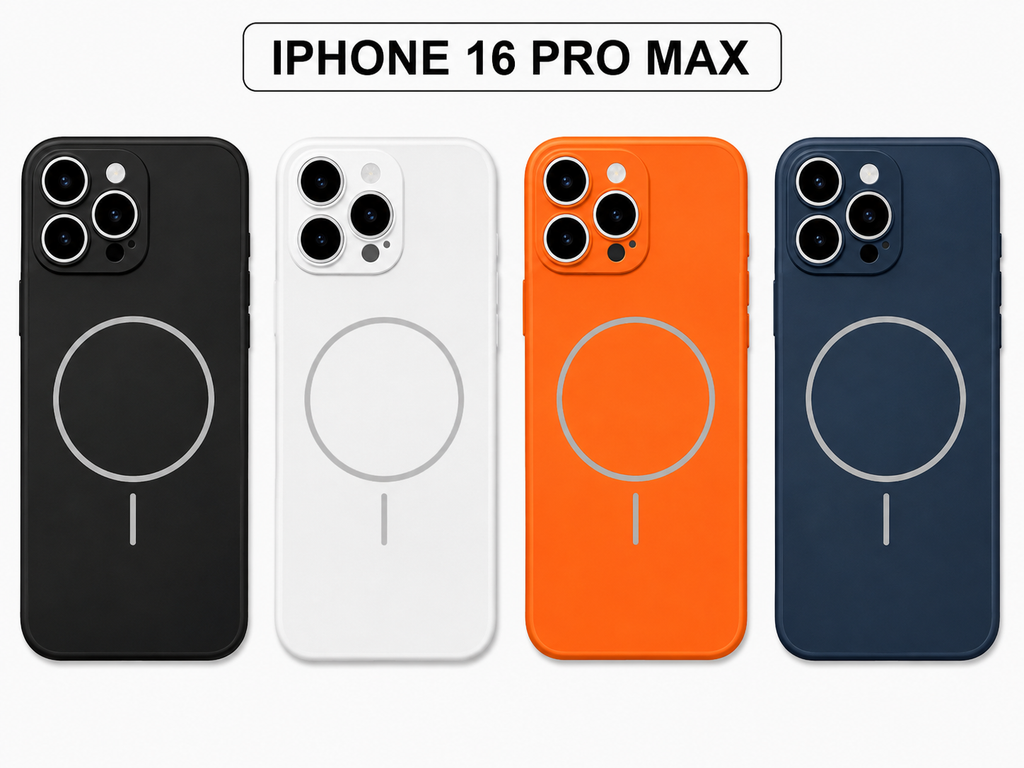 Four phone cases shown from the back in black, white, orange, and navy, each with a large circular MagSafe-style ring and a small vertical line near the bottom. The text 'IPHONE 16 PRO MAX' appears at the top on a white background.